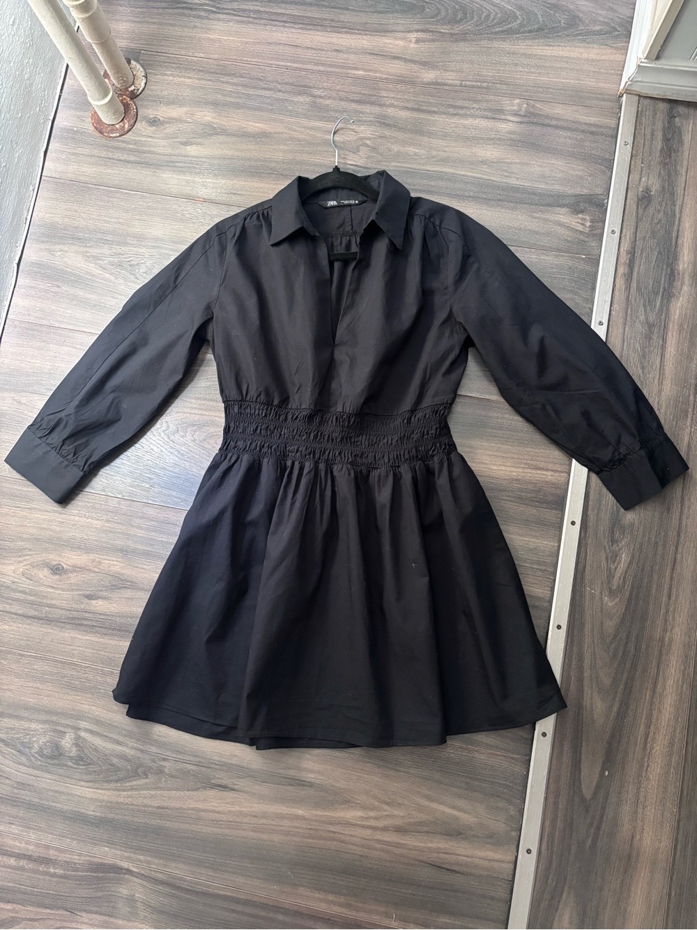 Zara Black Long-Sleeve Shirtdress with Smocked Waist